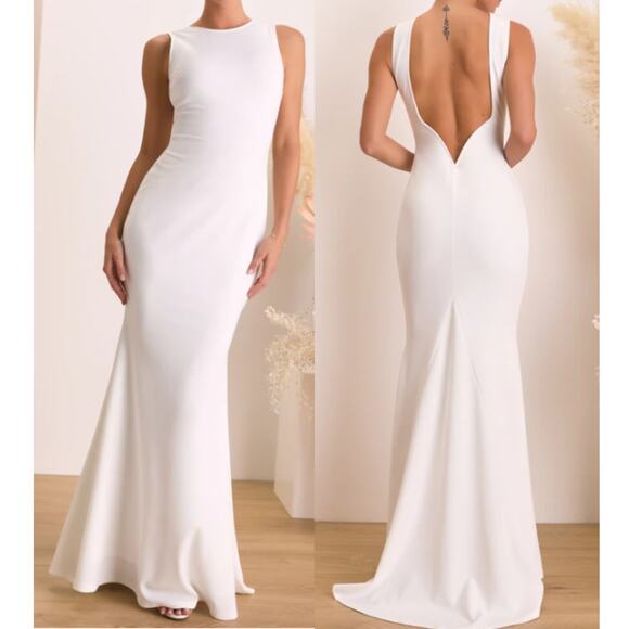 LULU'S sz M White Va Va Voom Backless Mermaid Bridal Maxi Dress NEW B36 - Picture 1 of 9